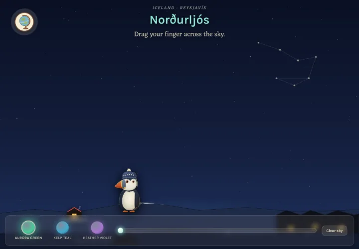 Chasing the norðurljós in Atlas Jr: drag a finger across an Icelandic night sky to paint the northern lights while a puffin watches.