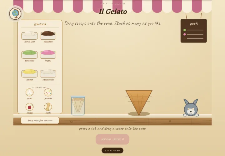 Scooping gelato in Atlas Jr: a Roman gelateria with tubs of fior di latte, cioccolato, pistacchio and fragola to drag onto a cone.