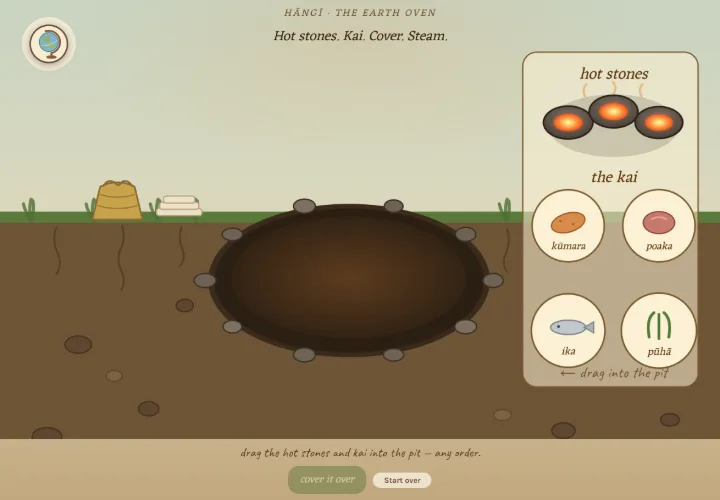 Cooking a hāngī in Atlas Jr: drag hot stones and kai — kūmara, poaka, ika and pūhā — into the earth oven, then cover it over.