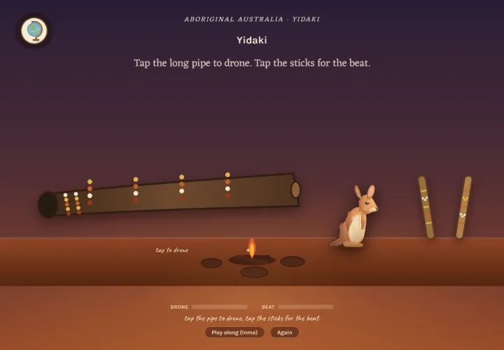 Playing the yidaki in Atlas Jr: tap the long pipe to drone and the clapsticks for the beat, beside a campfire in the red desert.