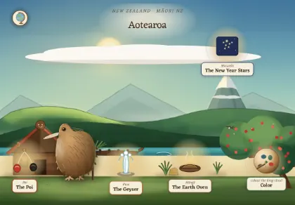 The Aotearoa scene in Atlas Jr — a geography activity for kids about Māori New Zealand.