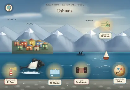 The Ushuaia scene in Atlas Jr — a geography activity for kids about Patagonia, Argentina.