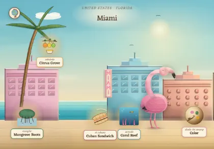 The Miami scene in Atlas Jr — a geography activity for kids about Florida, USA.