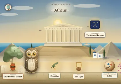 The Athens scene in Atlas Jr — a geography activity for kids about Greece.