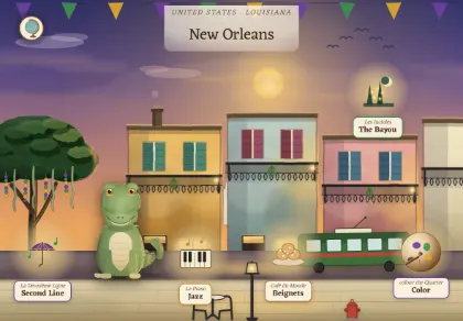 The New Orleans scene in Atlas Jr — a geography activity for kids about Louisiana, USA.