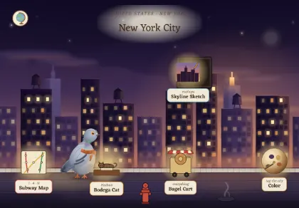 The New York City scene in Atlas Jr — a geography activity for kids about New York, USA.