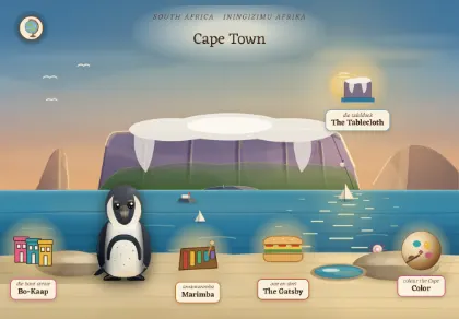 The Cape Town scene in Atlas Jr — a geography activity for kids about South Africa.
